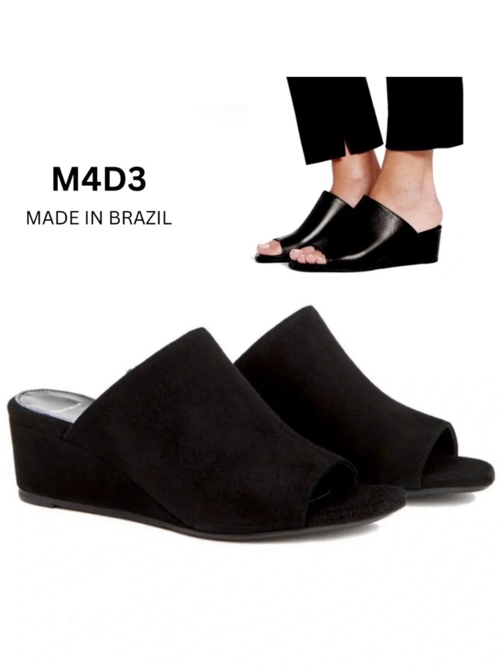 M4D3 Clarah Designer Black Suede Wedge Mules Slip-On Low-Heel Boho Shoes 6.5